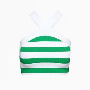 Babaton Sculpt Knit Criss Cross Tank Top Sz M Green‎ White Stripe Cropped